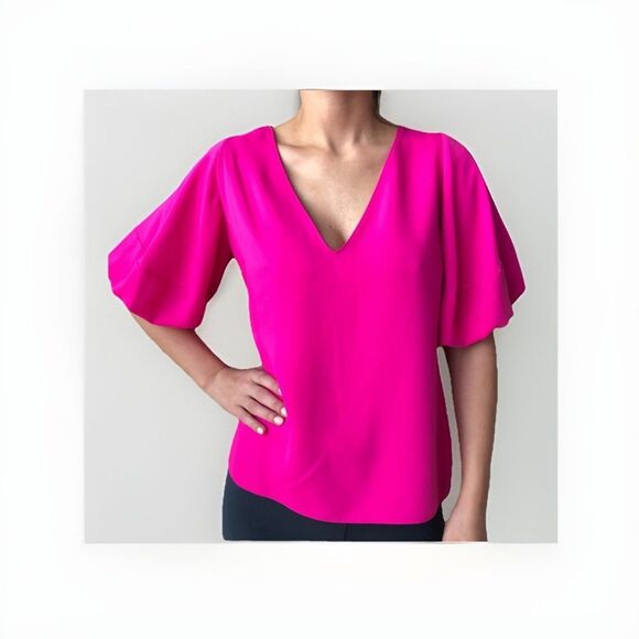 Amanda Uprichard Top Hot Pink Puff Sleeve V Neck Blouse Preppy Barbie Office XS - Picture 1 of 14